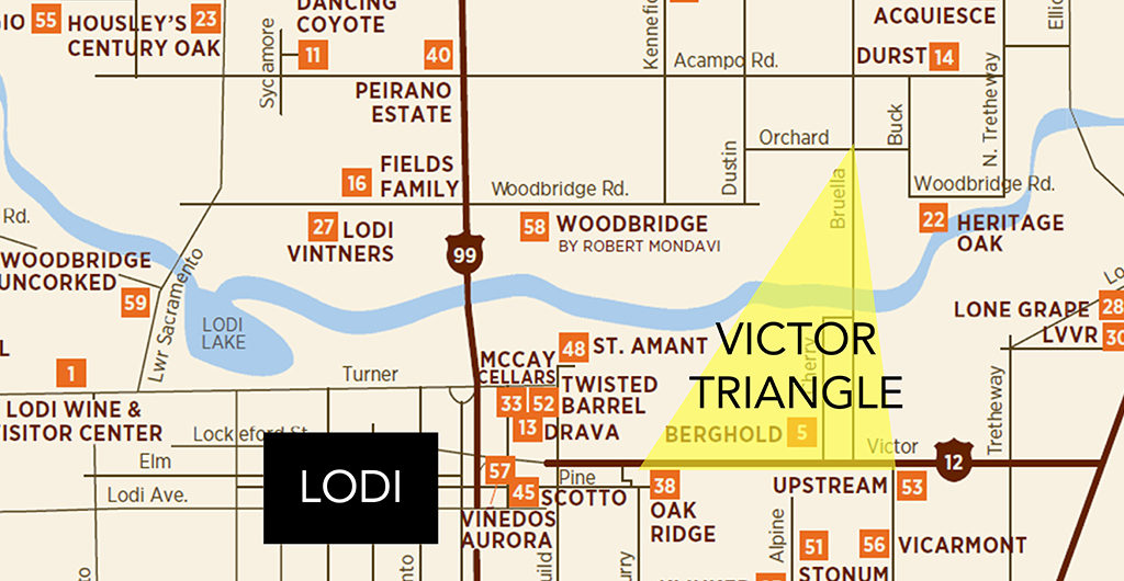 Street map of Lodi and the east side with the Victor Triangle shaded in yellow around the town of Victor, north and south.