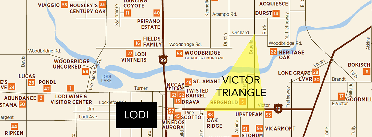 Street map of Lodi and the east side with the Victor Triangle shaded in yellow around the town of Victor, north and south.