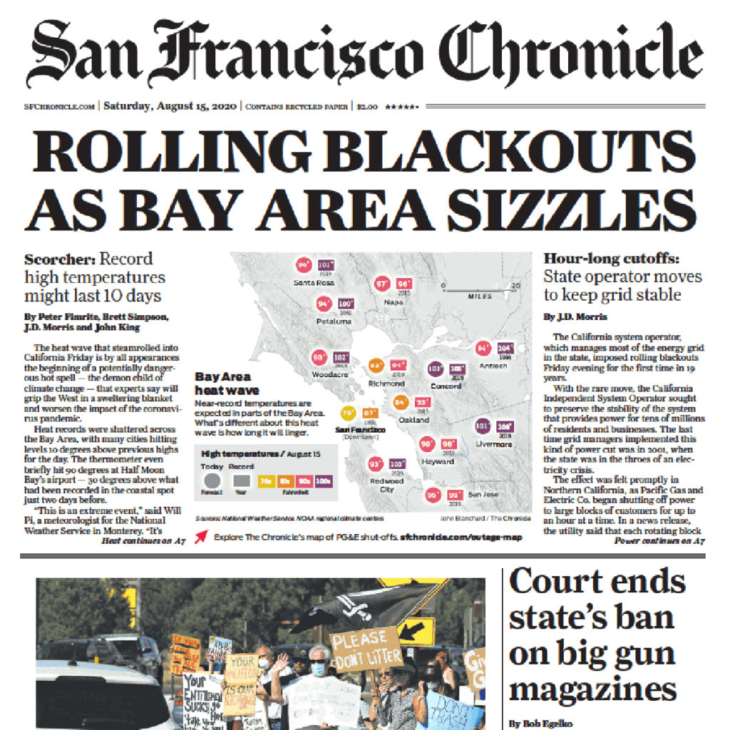 San Francisco Chronicle front page with big headline: ROLLING BLACKOUTS AS BAY AREA SIZZLES