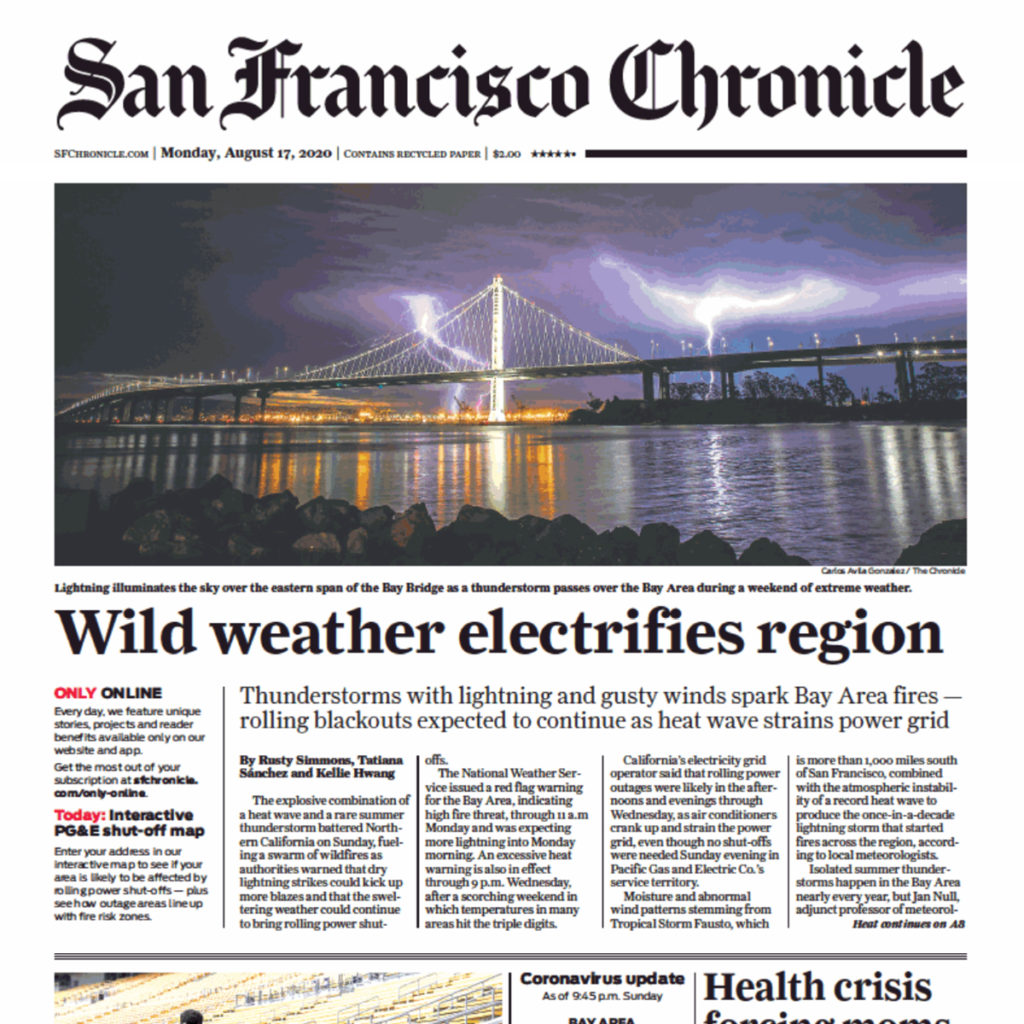 San Francisco Chronicle front page with big headline: Wild weather electrifies region