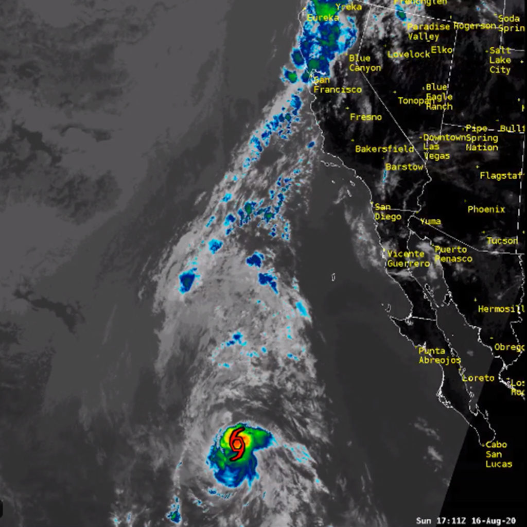 Weather satellite image of Hurricane Fausto west of the Baha Penninsula sending moisture up north into the California coast and Northern California.