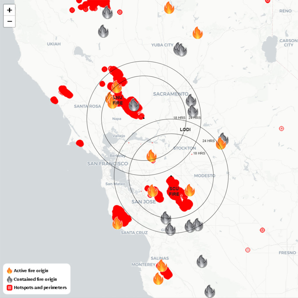 Map of California showing many active fires burning.