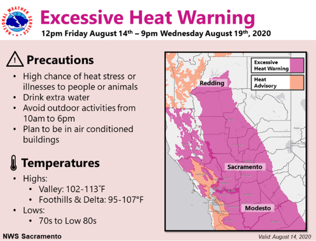 Excessive heat warning posted by the National Weather Service that also includes a map of Northern California with a big pinkish area over most of the map showing the excessive heat area.
