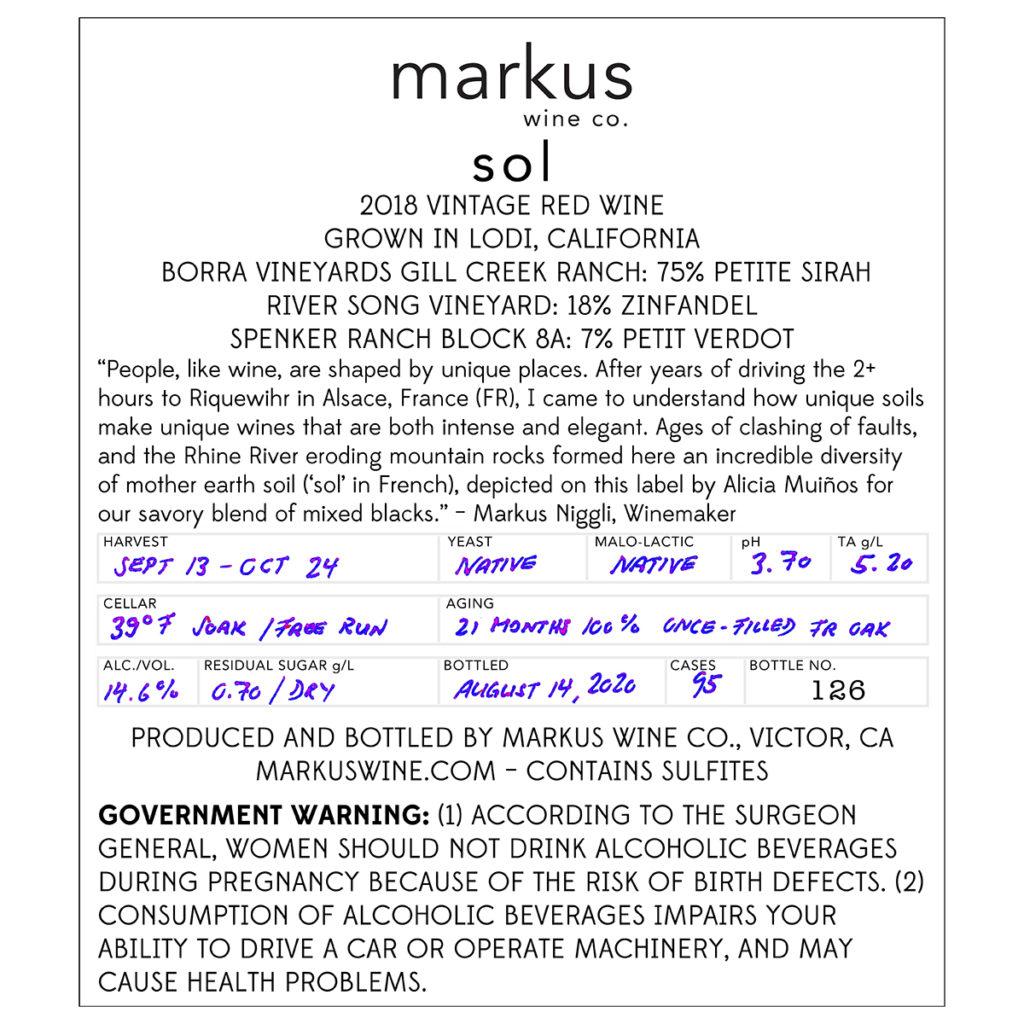 Our Markus Sol Red Wine back bottle label.