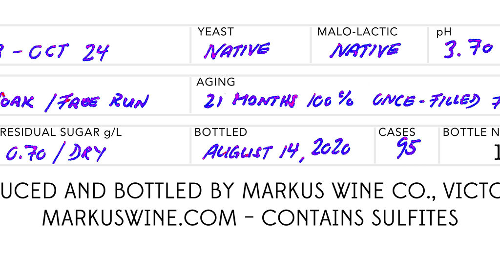 A portion of our Markus Sol Red Wine back bottle label, showing the wine's specifications, such as pH and TA.