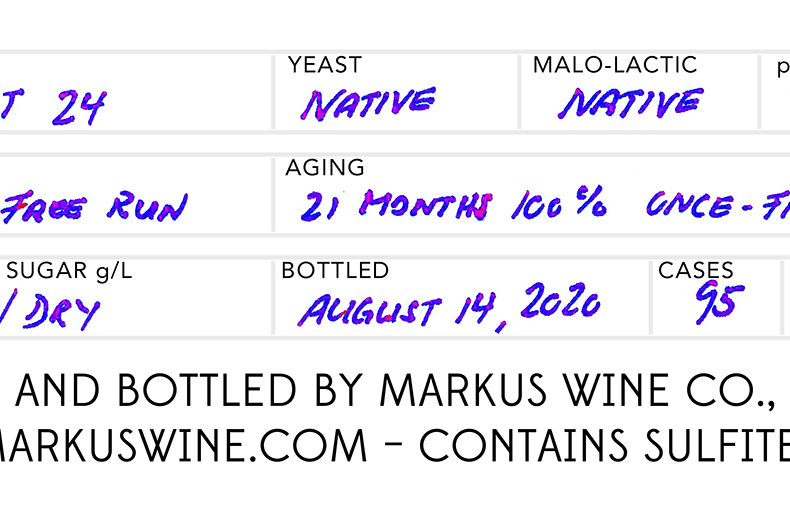 A portion of our Markus Sol Red Wine back bottle label, showing the wine's specifications, such as pH and TA.