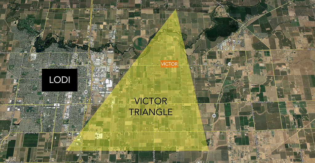 Satellite view of Lodi and the east side with the Victor Triangle shaded in yellow around the town of Victor, north and south.