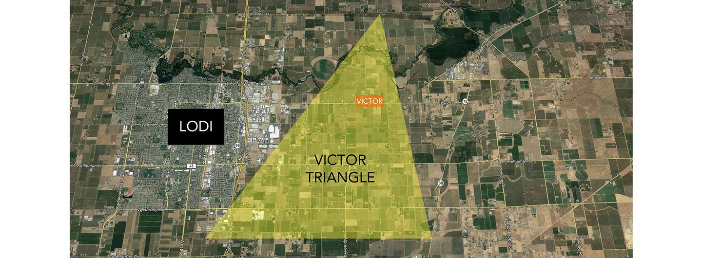 Satellite view of Lodi and the east side with the Victor Triangle shaded in yellow around the town of Victor, north and south.