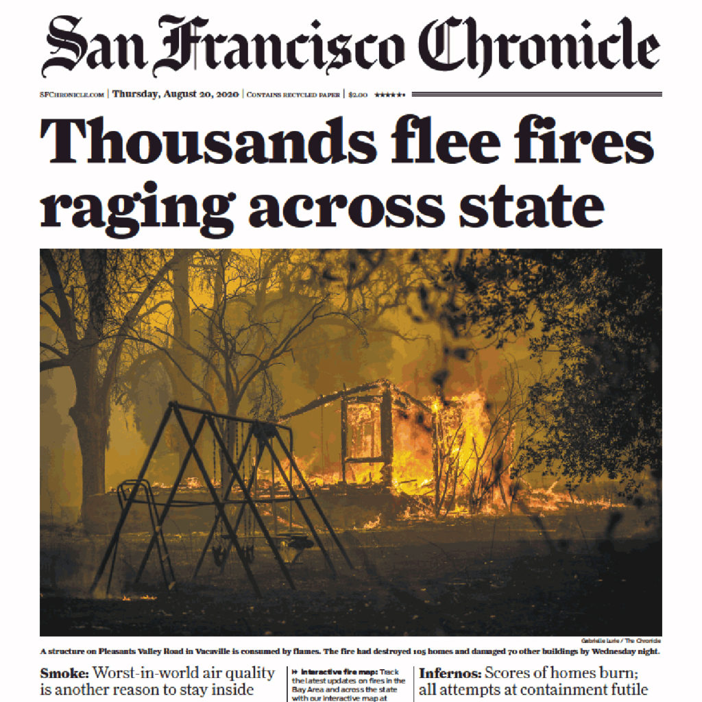 San Francisco Chronicle front page with big headline: Thousands flee fires raging across state