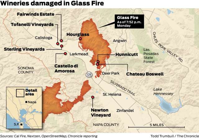 Map showing wineries damaged in Glass Fire that started Sunday, September 27, 2020