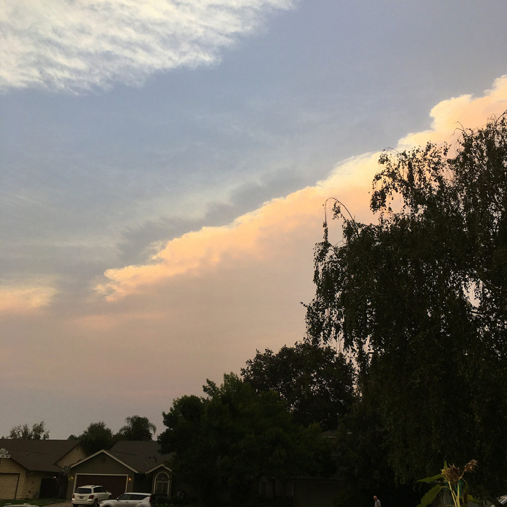 Picture of the leading edge of smoke in the sky taken from a neighborhood street.