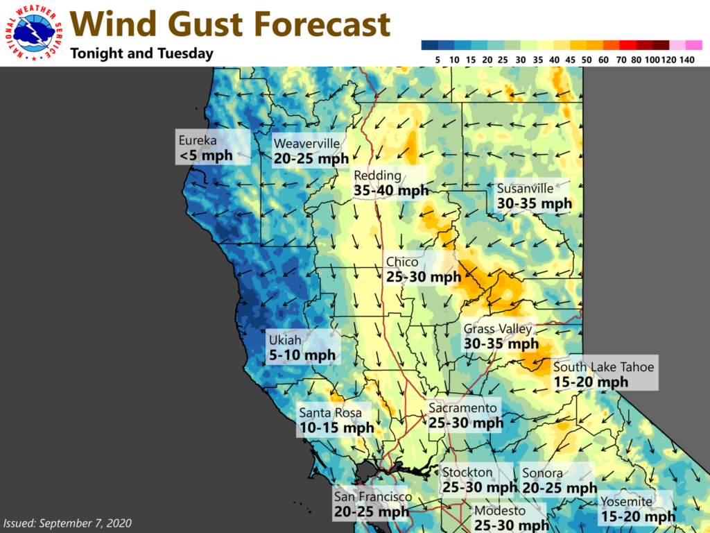 Map of Northern California showing National Weather Service Wind Gust Forecast for September 7-8.